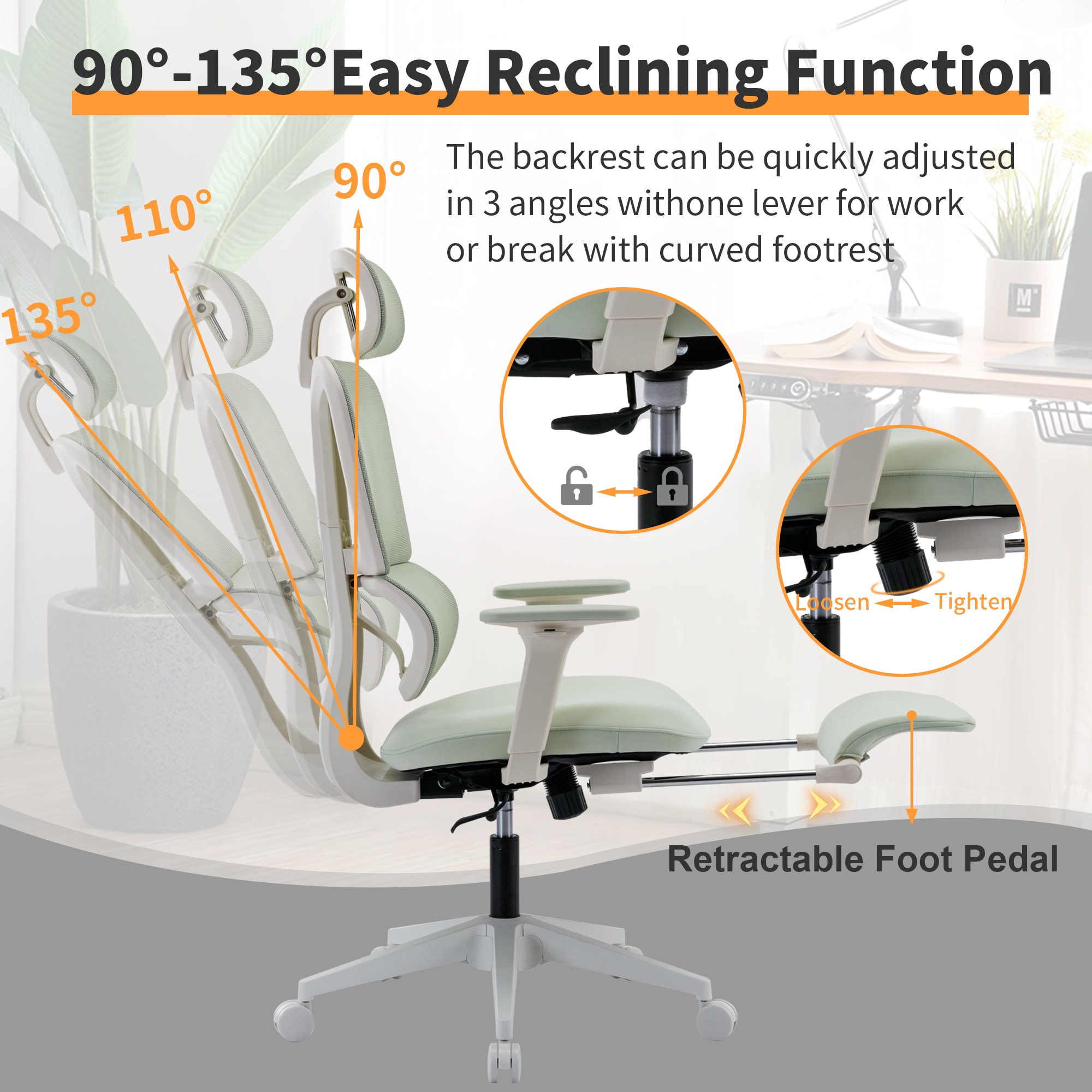 Multi-functional Ergonomic Mesh Office Chair With Adjustable Armrest,Footrest,Lumbar Support, 360° Silent Wheels,Headrest For Home & Office,Grey White_maomaolike.com